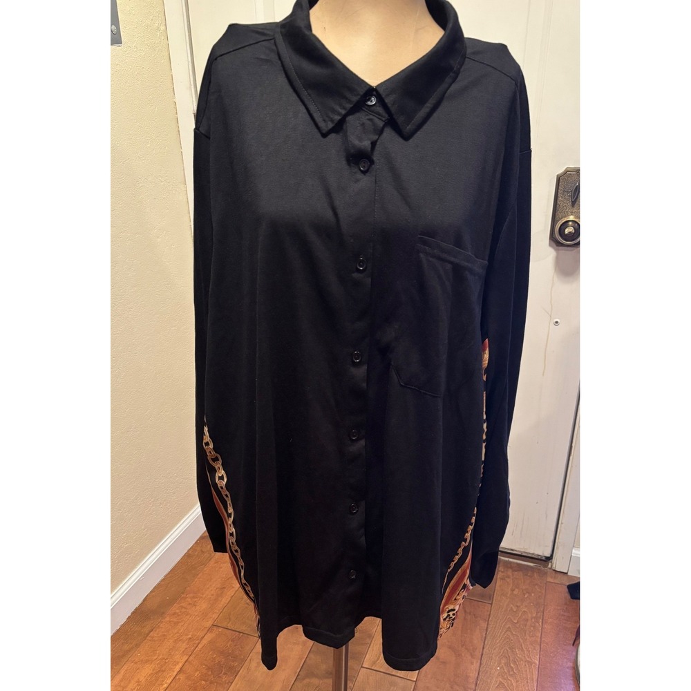 Goddess Womens 3X Button Down Shirt Black Leopard Chain Baroque Mixed Media Top